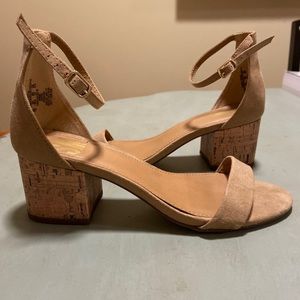 Tan Suede Chunk Cork Heel Sandals